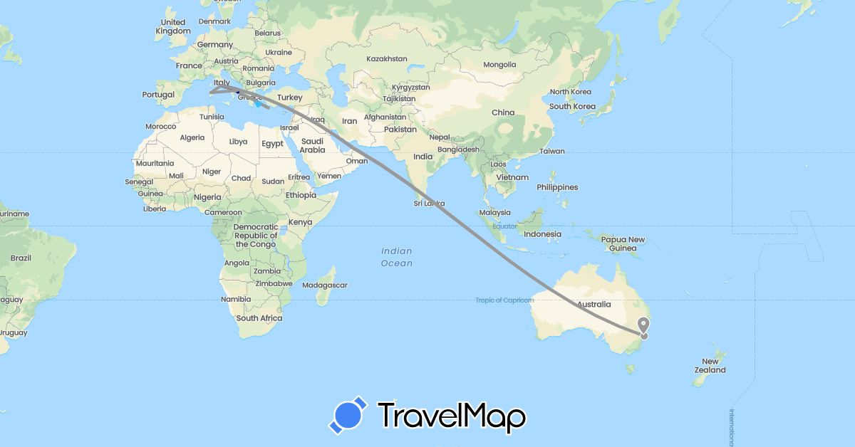 TravelMap itinerary: driving, plane, boat in United Arab Emirates, Australia, Greece, Italy (Asia, Europe, Oceania)